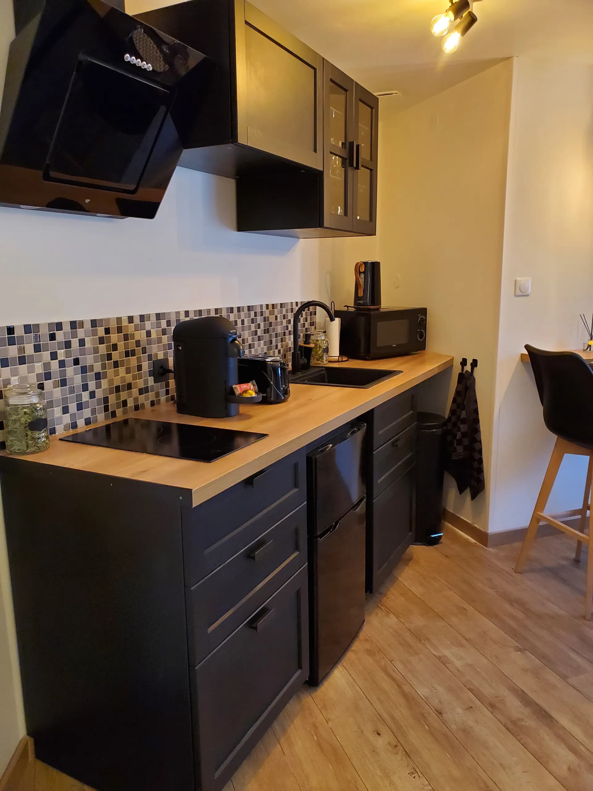 Kitchenette équipée : plaque, évier, micro-ondes et Nespresso