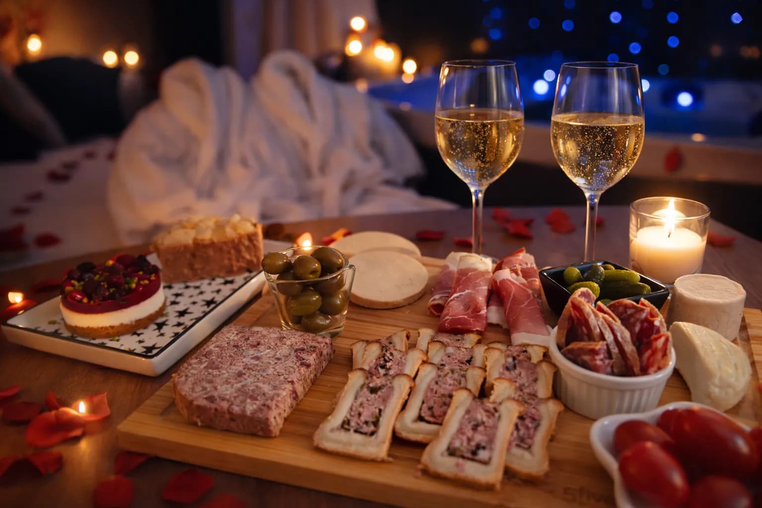 Table romantique avec champagne et bougies