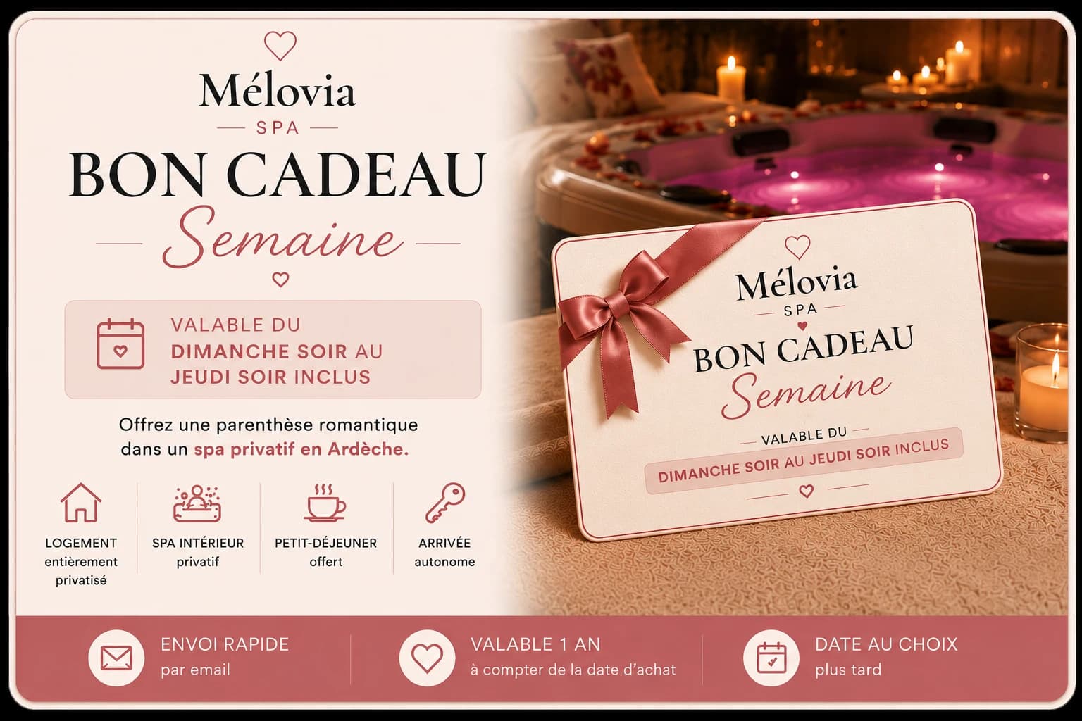 Bon cadeau Mélovia Spa séjour Semaine, spa privatif romantique en Ardèche