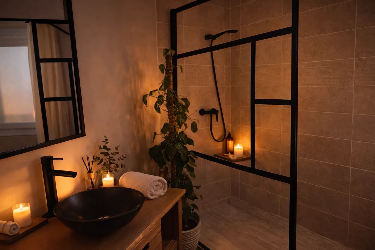 Salle de bain avec douche à l'italienne éclairée aux bougies