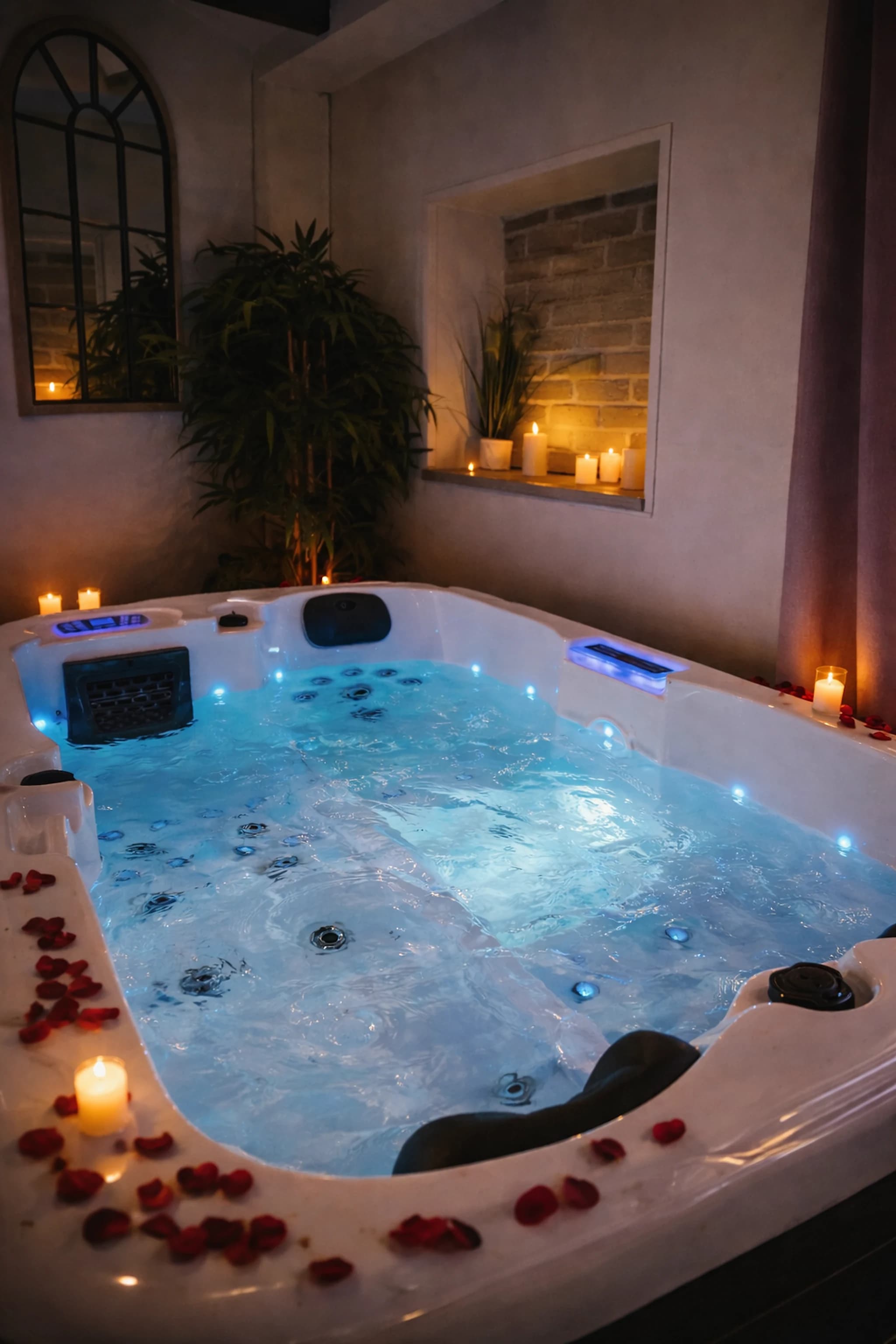 Spa privatif et jacuzzi illuminés aux bougies